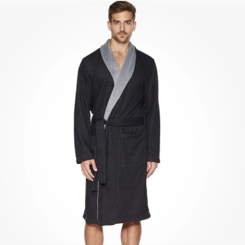 UGG Robinson Robe Belted Shawl Collar Black Grey Size Medium Large 1096932 GUC
